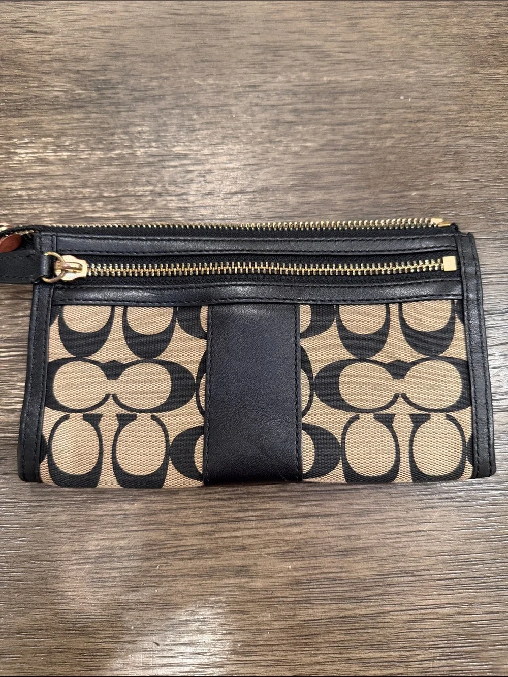 Coach Canvas Signature Zip Wristlet in Khaki and Black